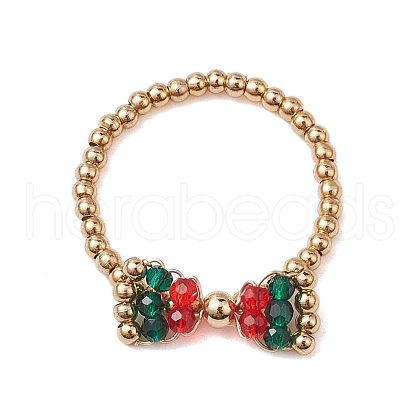Christmas Theme Bowknot Glass Beaded Stretch Rings Rings RJEW-TA00132-1