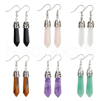 ANATTASOUL 6 Pairs 6 Style Natural Mixed Gemstone Bullet Dangle Earrings EJEW-AN0003-15-1