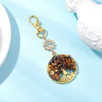 Natural Tiger Eye Chips Beads & Alloy Tree of Life Pendant Decorations HJEW-JM03129-05-1