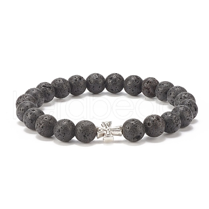 Natural Lava Rock Stretch Bracelet with Alloy Cross BJEW-JB08192-04-1