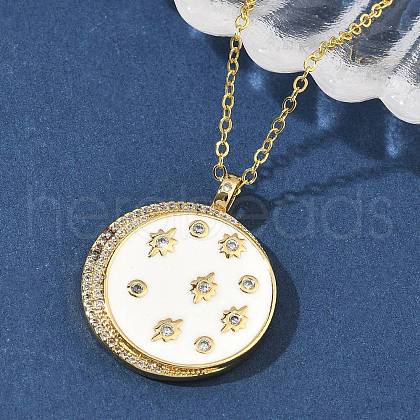 Brass Micro Pave Clear Cubic Zirconia Enamel Flat Round Moon Pendant Necklaces for Women NJEW-S449-03C-G-1