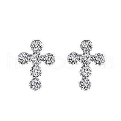 Cross Rhodium Plated 925 Sterling Silver Cubic Zirconia Stud Earrings for Women EJEW-P231-37P-1
