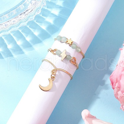 3Pcs Copper Wire Wrapped Natural Green Aventurine Faceted Round Bead Finger Rings for Women RJEW-JR00887-04-1