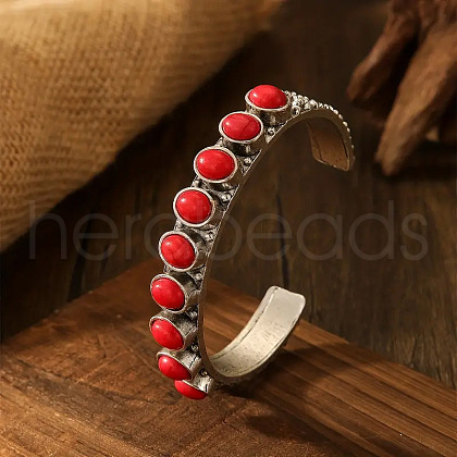 Bohemian Style Oval Alloy Synthetic Turquoise Beads Cuff Bangles for Women WG13159-01-1