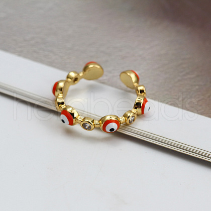 Flat Round with Evil Eye Brass Micro Pave Clear Cubic Zirconia with Enamel Cuff Rings FS-WG1191A-02-1