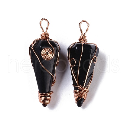 Natural Obsidian Copper Wire Wrapped Big Pendants G-B073-02RG-10-1