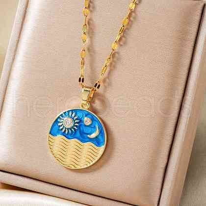 Elegant Brass Marine Blue Enamel Wave Sun Moon Pendant Necklaces WB9731-2-1