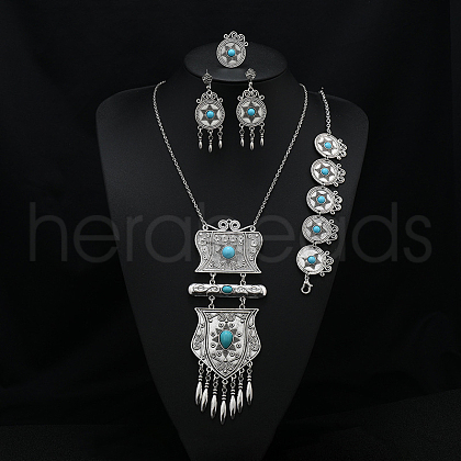 Flat Round Alloy with Resin Pendant Necklace & Stud Dangle Earring & Link Bracelet & Ring FS-WGB1F06-14-1