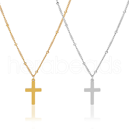 FIBLOOM 2Pcs 2 Colors 304 Stainless Steel Cross Pendant Necklace with Satellite Chains NJEW-FI0001-48-1