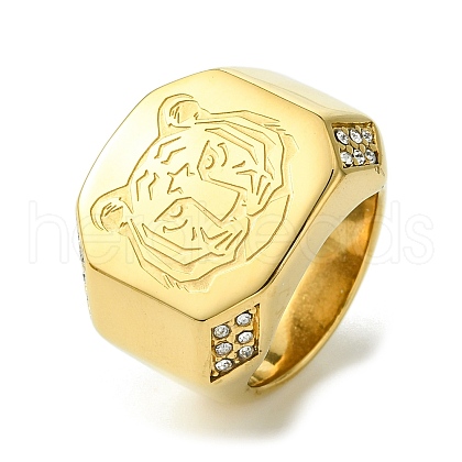 Ion Plating(IP) 304 Stainless Steel Rhinestone Tiger Signet Rings RJEW-Q815-02G-M-1