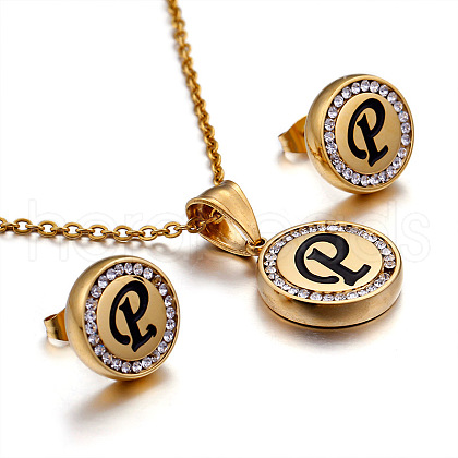 Flat Round with Letter Pattern 304 Stainless Steel Crystal Rhinestone Pendant Necklace & Stud Earring FS-WG33EDD-16-1