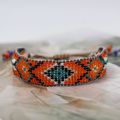 Bohemian Style Rhombus Pattern Glass Seed Beaded Braided Bead Bracelets WG1D303-04-1