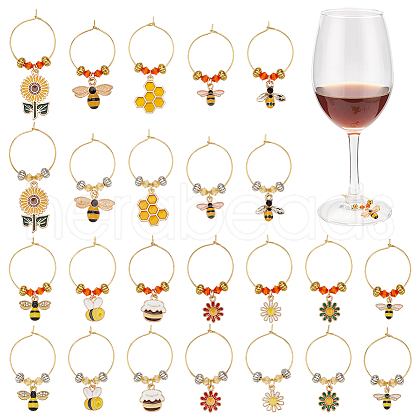 24Pcs 12 Style Alloy Enamel with Rhinestone Pendant & Brass Ring Wine Glass Charms AJEW-AB00054-1