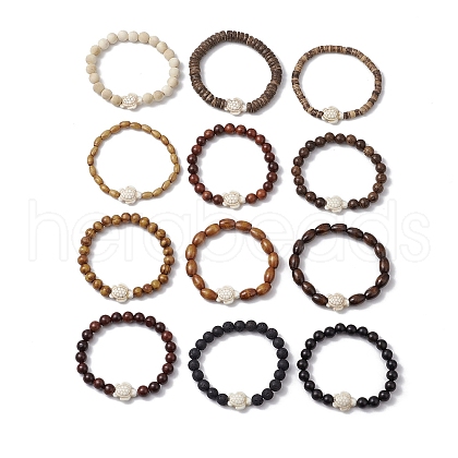 12Pcs Dyed Synthetic & Natural Gemstone and Natural Wood Beads Stretch Bracelet Set for Women Men BJEW-JB11563-1