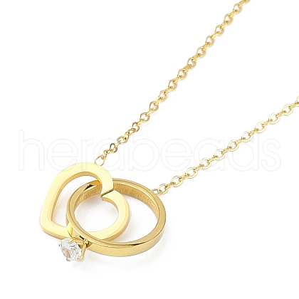 Ion Plating(IP) 304 Stainless Steel Pave Clear Cubic Zirconia Heart & Ring Pendant Necklaces for Women NJEW-K276-06G-1
