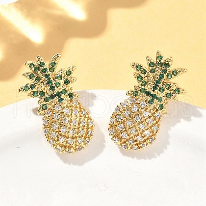 Pineapple Brass Micro Pave Cubic Zirconia Stud Earrings EJEW-A132-09G-1