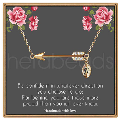 Brass Micro Pave Clear Cubic Zirconia Arrow with Letter Pendant Necklaces FS-WG43978-14-1