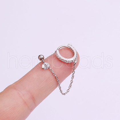 Brass Micro Pave Clear Cubic Zirconia Hoop Cartilage Earrings with Chain WG4D01B-01-1