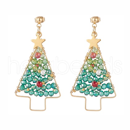Shell Pearl & Glass Braided Christmas Tree Dangle Stud Earrings EJEW-TA00090-1