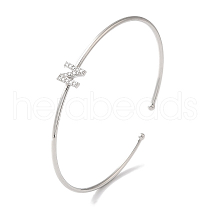 Rack Plating Brass Micro Pave Clear Cubic Zirconia Letter Open Cuff Bangles BJEW-A018-01P-N-1