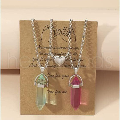 2Pcs Glass Double Faceted Pointed Bullet Pendant Couple Necklaces with Heart Magnetic Clasps FS-WG058EE-05-1