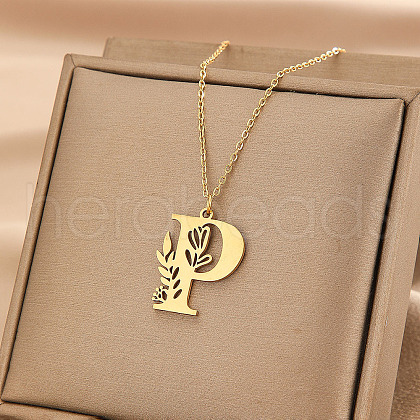 304 Stainless Steel Flower Initial Pendant Necklaces WGE911E-16-1