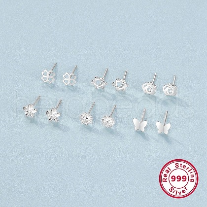 6 Pairs 6 Style 999 Fine Silver Stud Earrings Sets for Women EJEW-F317-34P-1
