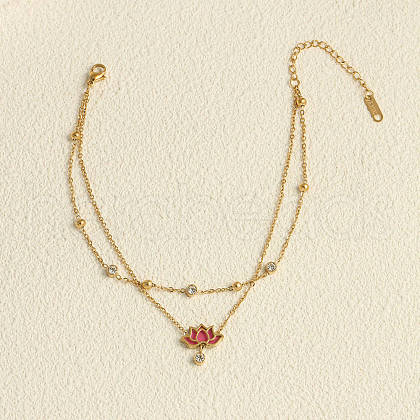 Lotus 304 Stainless Steel Crystal Rhinestone & Dye Natural Shell Link Double Layer Anklets FS-WG23A6C-02-1