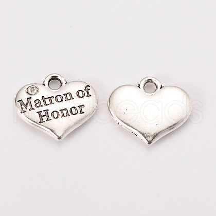 Wedding Theme Antique Silver Tone Tibetan Style Heart with Matron of Honor Rhinestone Charms TIBEP-N005-03A-1