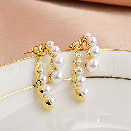 Brass ABC Plastic Imitation Pearl Round Dangle Stud Earrings EJEW-S270-05G-1