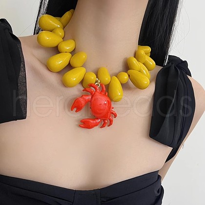 Red Crab Pendant Resin Teardrop Beaded Necklaces for Women FS-WG56857-01-1