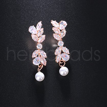 Leaf Brass Clear Cubic Zirconia Dangle Stud Earrings FS-WGEEEF5-03-1