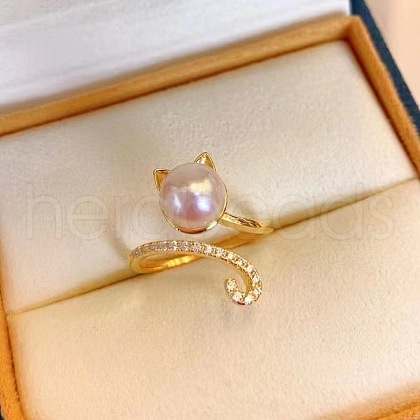 Mother's Day Jewellery Cat Shape Natural Freshwater Pearl & Crystal Rhinestone Cuff Rings for Women FS-WGC5CB5-01-1
