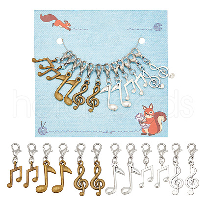 12Pcs 6 Style Musical Note Tibetan Style Alloy Pendant Stitch Markers HJEW-NB00038-1