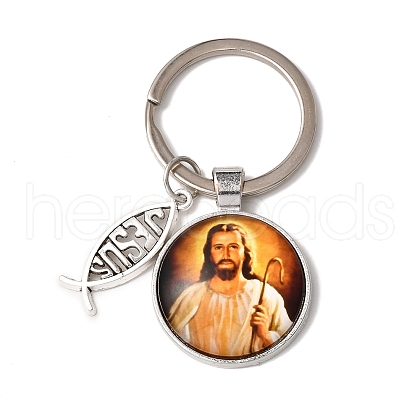 I Love Jesus Symbol Glass Pendant Keychain with Alloy Jesus Fish Charm KEYC-G058-01F-1