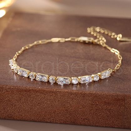 925 Sterling Silver Pave Cubic Zirconia Rectangle Link Chain Bracelets BJEW-A037-07G-1