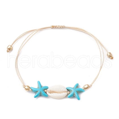 Synthetic Turquoise & Cowrie Shell Braided Starfish & Shell Shape Bead Bracelets for Women BJEW-JB10197-02-1