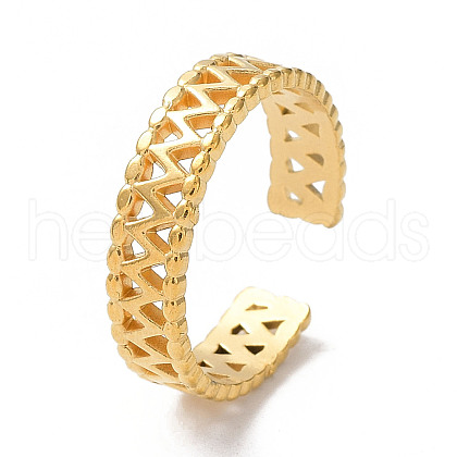 Ion Plating(IP) 304 Stainless Steel Hollow Wave Open Cuff Rings RJEW-D006-09G-1