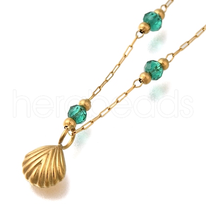 Ion Plating(IP) 304 Stainless Steel & Glass Paperclip Chain Beach Shell Shaped Pendant Necklaces for Women X-NJEW-H037-01G-1