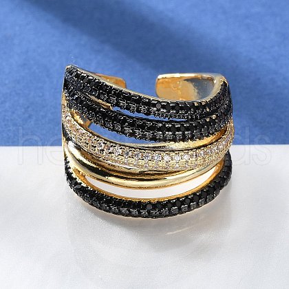 Rack Plating Brass Multi Line Open Cuff Ring RJEW-C065-01G-1