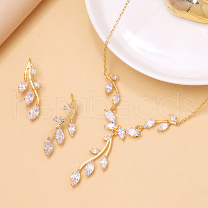 Leaf Brass Crystal Rhinestone Pendant Necklaces & Stud Earrings Sets FS-WGACD3B-01-1