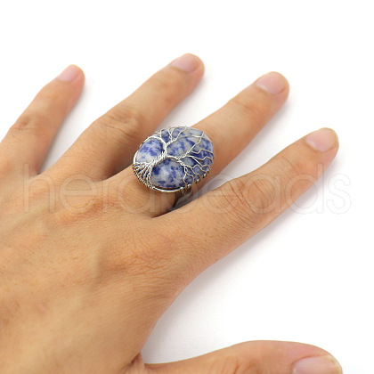 Copper Wire Wrapped Natural Sodalite with Alloy Finger Rings FS-WG01E85-03-1
