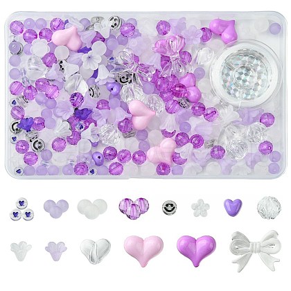 250Pcs 15 Styles Purple Opaque with Transparent Acrylic Beads with Strong Stretchy Beading Elastic Thread OACR-FS0001-61-1