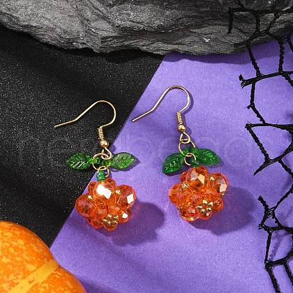 Halloween Theme Pumpkin Handmade Glass Seed Beaded Dangle Earrings EJEW-MZ00480-01-1