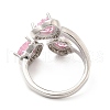Pink Cubic Zirconia Triple Heart Open Cuff Ring RJEW-E064-06P-01-3