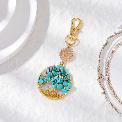 Synthetic Turquoise Chips Beads & Alloy Tree of Life Pendant Decorations HJEW-JM03129-03-1