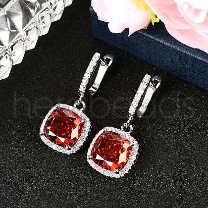 925 Sterling Silver Pave Cubic Zirconia Square Hoop Earrings EJEW-C150-01A-01-1