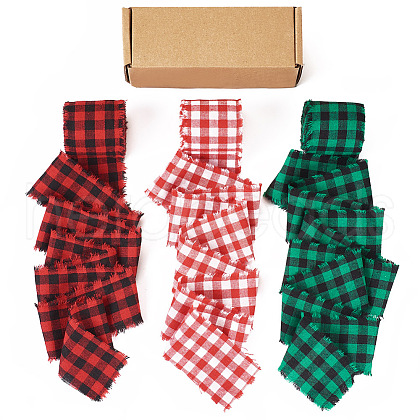 3 Rolls 3 Colors Tartan Cotton Linen Frayed Ribbon OCOR-TAC0035-11A-1