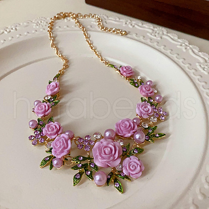 Spring Alloy Rhinestone & Plastic Pearl Rose Flower Garland Bib Necklaces for Women FS-WG9B03D-01-1