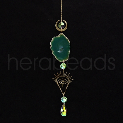 Natural Green Aventurine  Piece & Metal Evil Eye Moon Hanging Ornaments PW-WG66301-04-1